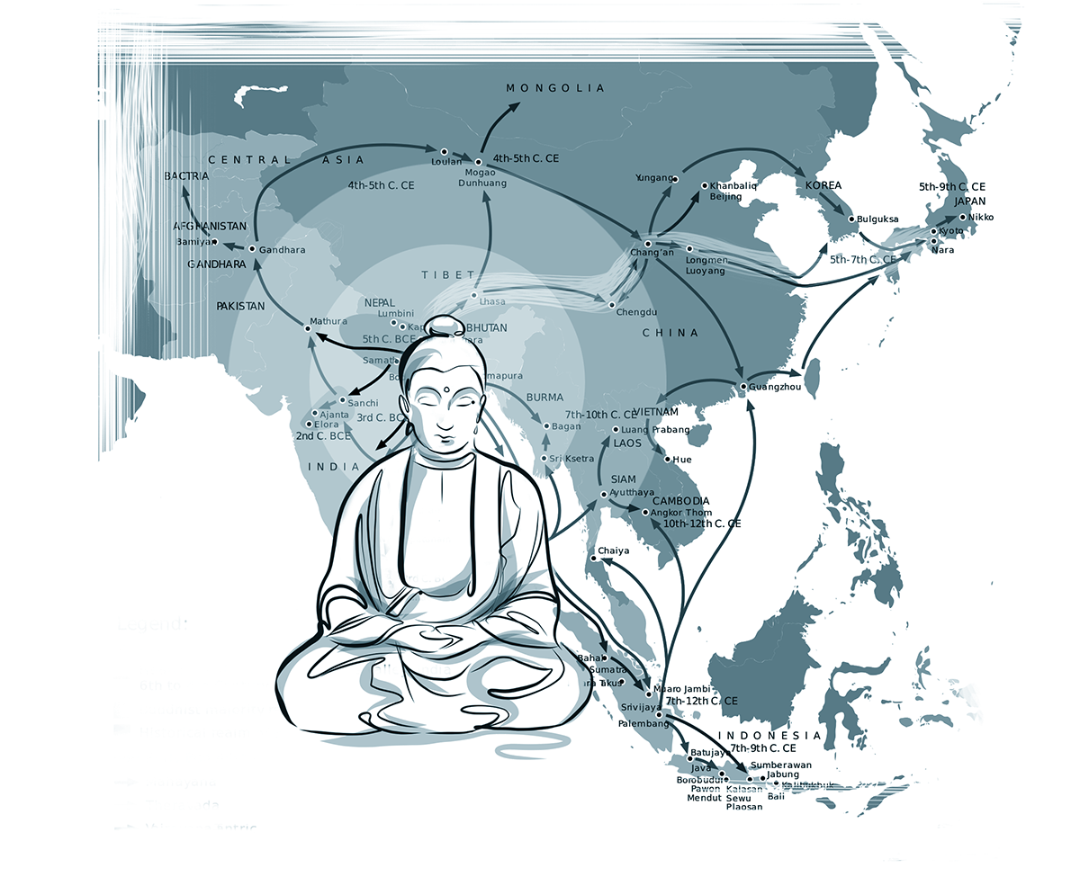 illustration of the spread of buddhism in asia